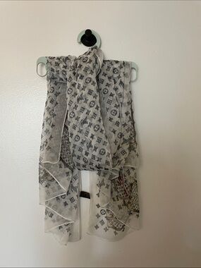 Louis Vuitton White Sheer Monogram Silk Scarf with Gray Motifs